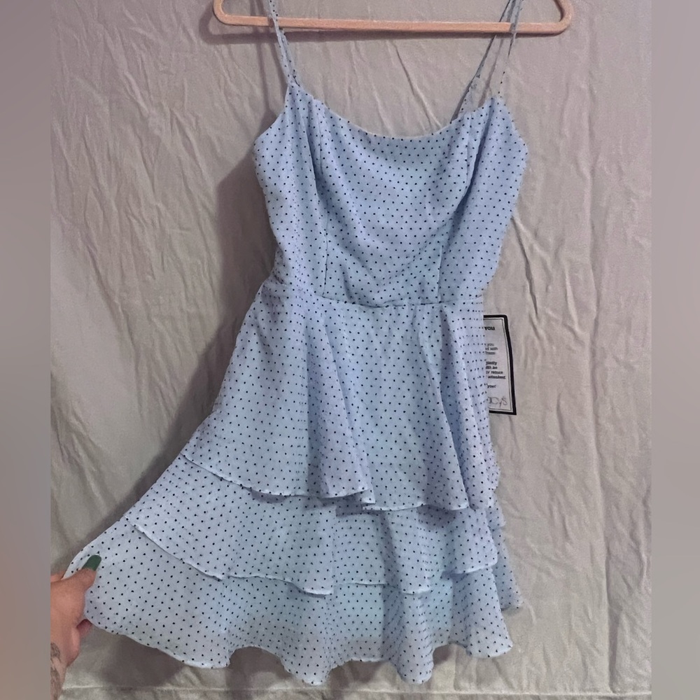 baby blue w black polka dot ruffle strap dress